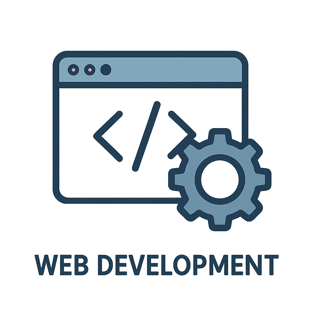 Tech Alchemy Labs company icon representing web development—features a modern browser window with HTML code brackets and a gear symbol, symbolizing the creation and customization of websites